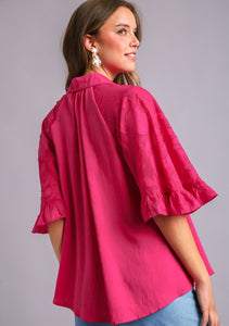 Umgee Jacquard Contrast Button Down Top in Magenta  Umgee   