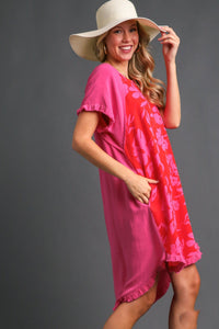 Umgee Linen Blend Dress with Front Floral Print in Hot Pink Dress Umgee   