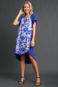 Umgee Linen Blend Dress with Front Floral Print in Royal Blue Dress Umgee   