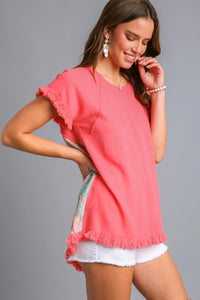 Umgee Mineral Washed Linen Blend Top with Back Abstract Print in Coral  Umgee   