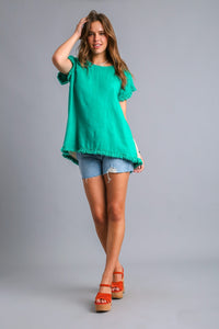 Umgee Mineral Washed Linen Blend Top with Back Abstract Print in Jade  Umgee   
