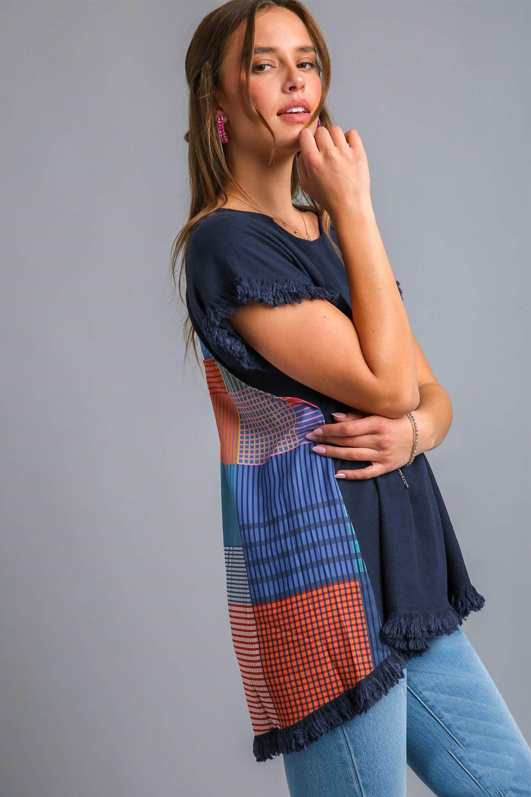 Umgee Mineral Washed Linen Blend Top with Back Abstract Print in Midnight  Umgee   