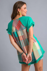 Umgee Mineral Washed Linen Blend Top with Back Abstract Print in Jade  Umgee   