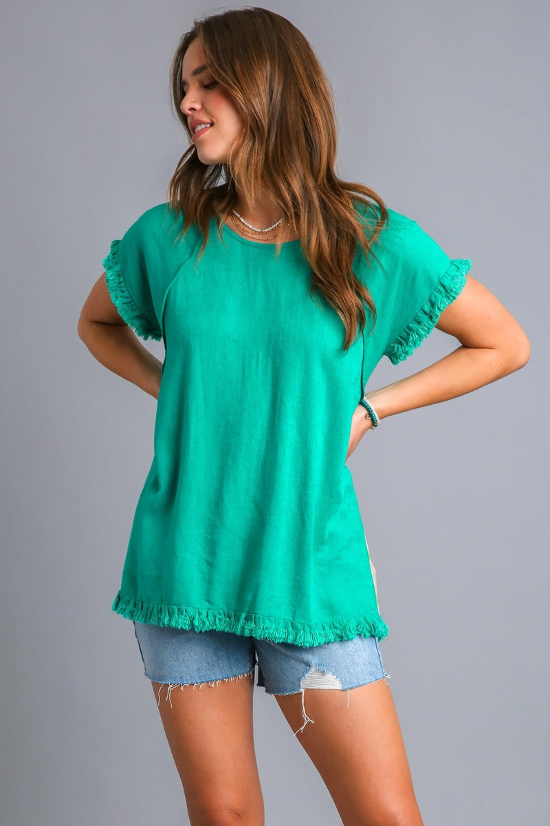 Umgee Mineral Washed Linen Blend Top with Back Abstract Print in Jade ...