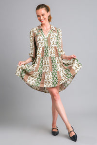 Umgee Mixed Print Tiered Dress in Olive Mix Dresses Umgee   