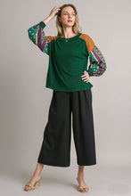 Load image into Gallery viewer, Umgee Colorblock Contrasting Knit Top with Printed Sleeves in Green Shirts &amp; Tops Umgee   
