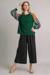 Umgee Colorblock Contrasting Knit Top with Printed Sleeves in Green Shirts & Tops Umgee   