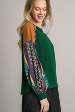 Load image into Gallery viewer, Umgee Colorblock Contrasting Knit Top with Printed Sleeves in Green Shirts &amp; Tops Umgee   
