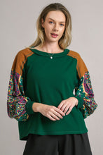 Load image into Gallery viewer, Umgee Colorblock Contrasting Knit Top with Printed Sleeves in Green Shirts &amp; Tops Umgee   
