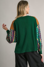 Load image into Gallery viewer, Umgee Colorblock Contrasting Knit Top with Printed Sleeves in Green Shirts &amp; Tops Umgee   
