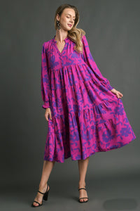 Umgee Floral Print Tiered Midi Dress in Magenta Mix Dresses Umgee   