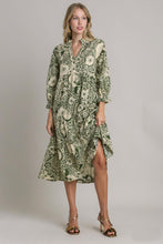 Load image into Gallery viewer, Umgee Two Toned Floral Midi Dress with Piping Details in Olive Mix Dresses Umgee   
