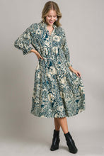 Load image into Gallery viewer, Umgee Two Toned Peacock Mix Floral Midi Dress with Piping Details Dresses Umgee   
