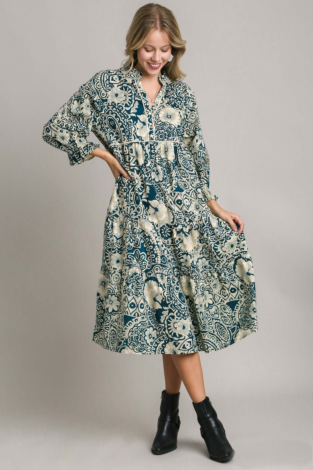 Umgee Two Toned Peacock Mix Floral Midi Dress with Piping Details Dresses Umgee   
