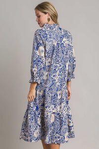Umgee Two Toned Floral Midi Dress with Piping Details in Blue Dresses Umgee   