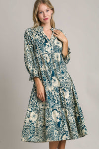 Umgee Two Toned Peacock Mix Floral Midi Dress with Piping Details Dresses Umgee   