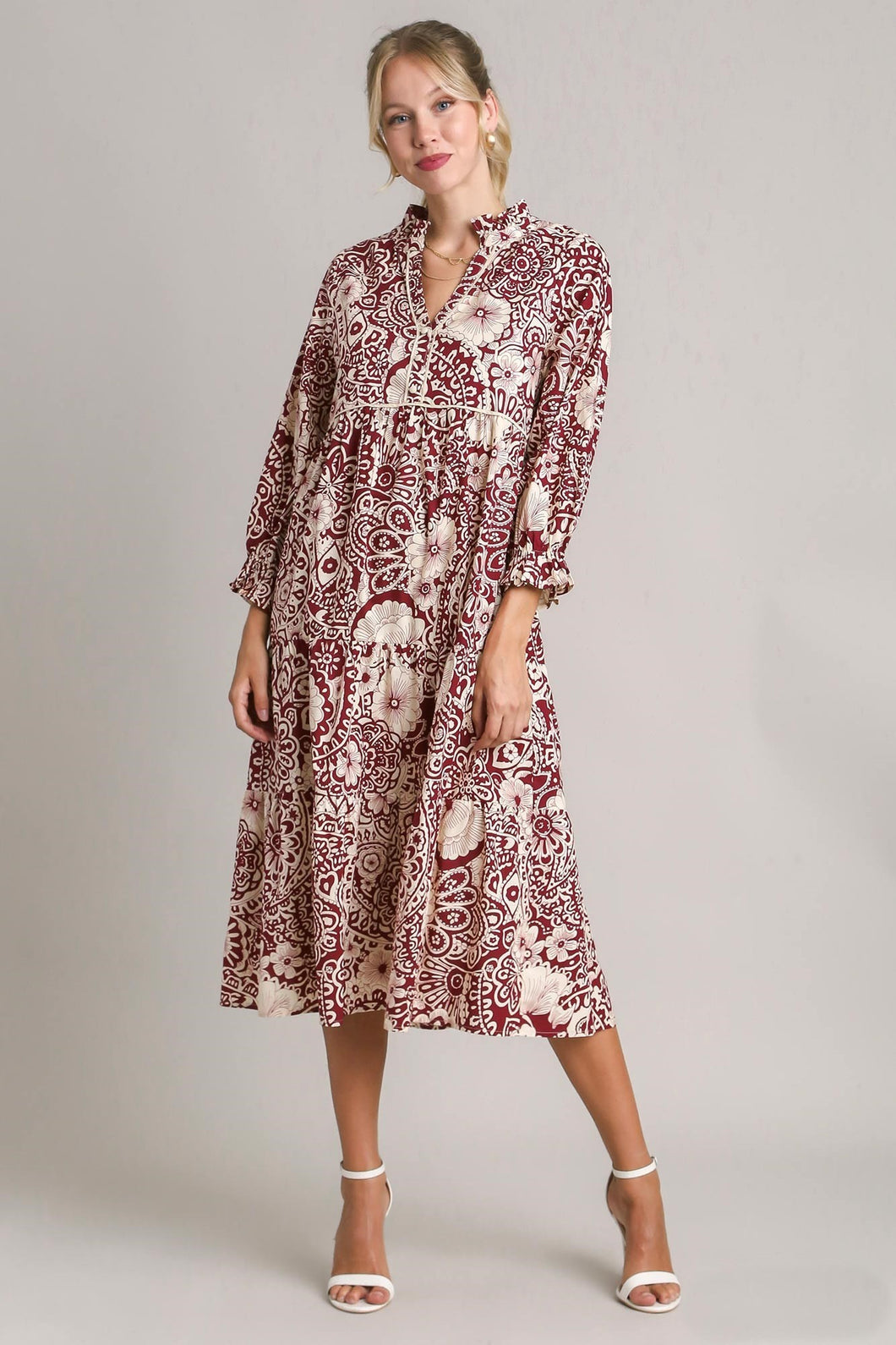 Umgee Two Toned Floral Midi Dress with Piping Details in Sangria Mix Dresses Umgee   