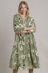 Umgee Two Toned Floral Midi Dress with Piping Details in Olive Mix Dresses Umgee   