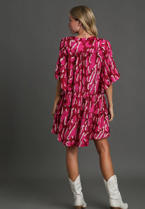 Umgee Animal Print Tiered Mini Dress in Magenta Dresses Umgee   