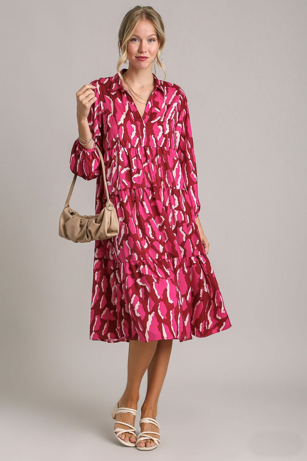 Umgee Satin Animal Print Midi Dress in Magenta Dresses Umgee   