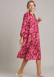 Umgee Satin Animal Print Midi Dress in Magenta Dresses Umgee   
