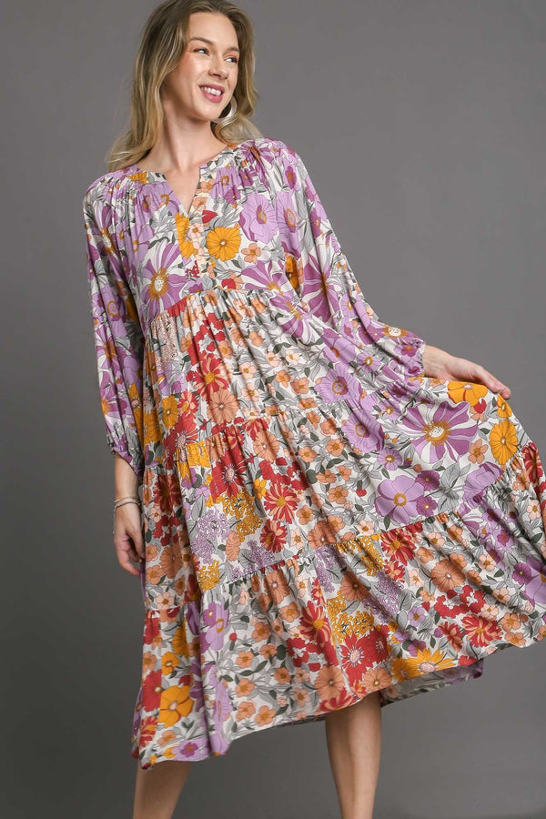 Umgee Lavender Mixed Floral Print Tiered Midi Dress Dress Umgee   