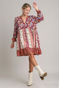 Umgee Mixed Print Dress with Ruffle Details in Sangria Mix Dress Umgee   