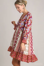 Load image into Gallery viewer, Umgee Mixed Print Dress with Ruffle Details in Sangria Mix Dress Umgee   

