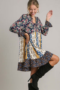 Umgee Mixed Print Dress with Ruffle Details in Midnight Mix Dress Umgee   