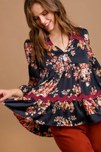 Load image into Gallery viewer, Umgee Satin Floral Print Top with Ric Rac Trim in Midnight Shirts &amp; Tops Umgee   
