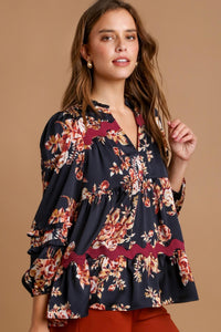 Umgee Satin Floral Print Top with Ric Rac Trim in Midnight Shirts & Tops Umgee   