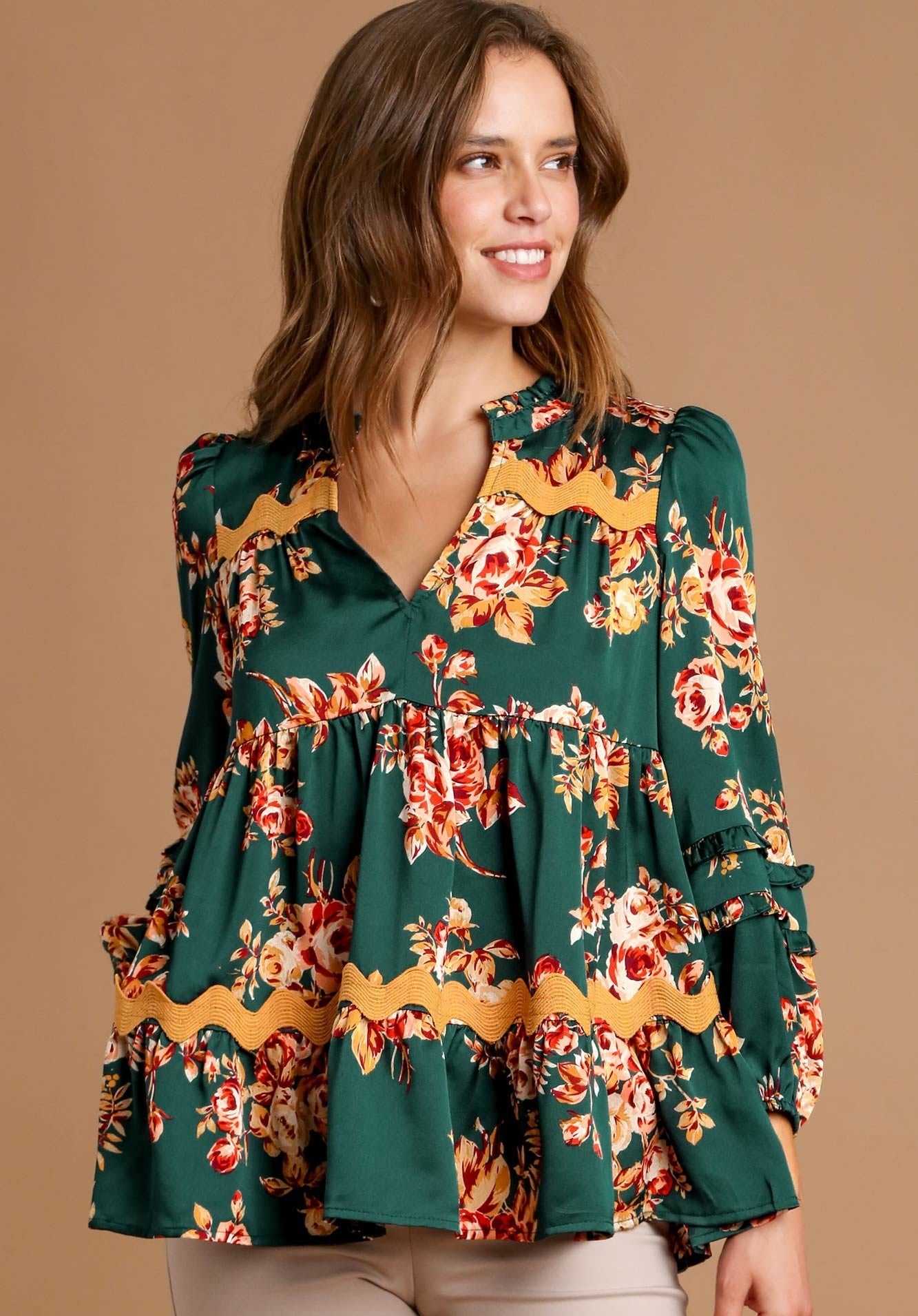 Umgee Satin Floral Print Top with Ric Rac Trim in Hunter Green – June Adel