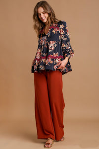Umgee Satin Floral Print Top with Ric Rac Trim in Midnight Shirts & Tops Umgee   