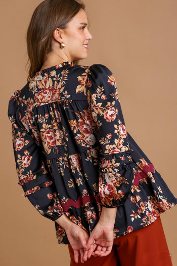 Umgee Satin Floral Print Top with Ric Rac Trim in Midnight Shirts & Tops Umgee   