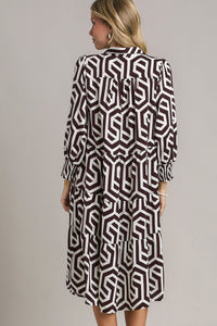 Umgee Geo Printed Tiered Midi Dress in Choco Dress Umgee   
