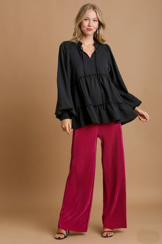 Umgee Solid Color Woven Top with Smocked Details in Black Shirts & Tops Umgee   