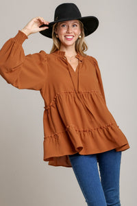 Umgee Solid Color Woven Top with Smocked Details in Ginger Shirts & Tops Umgee   