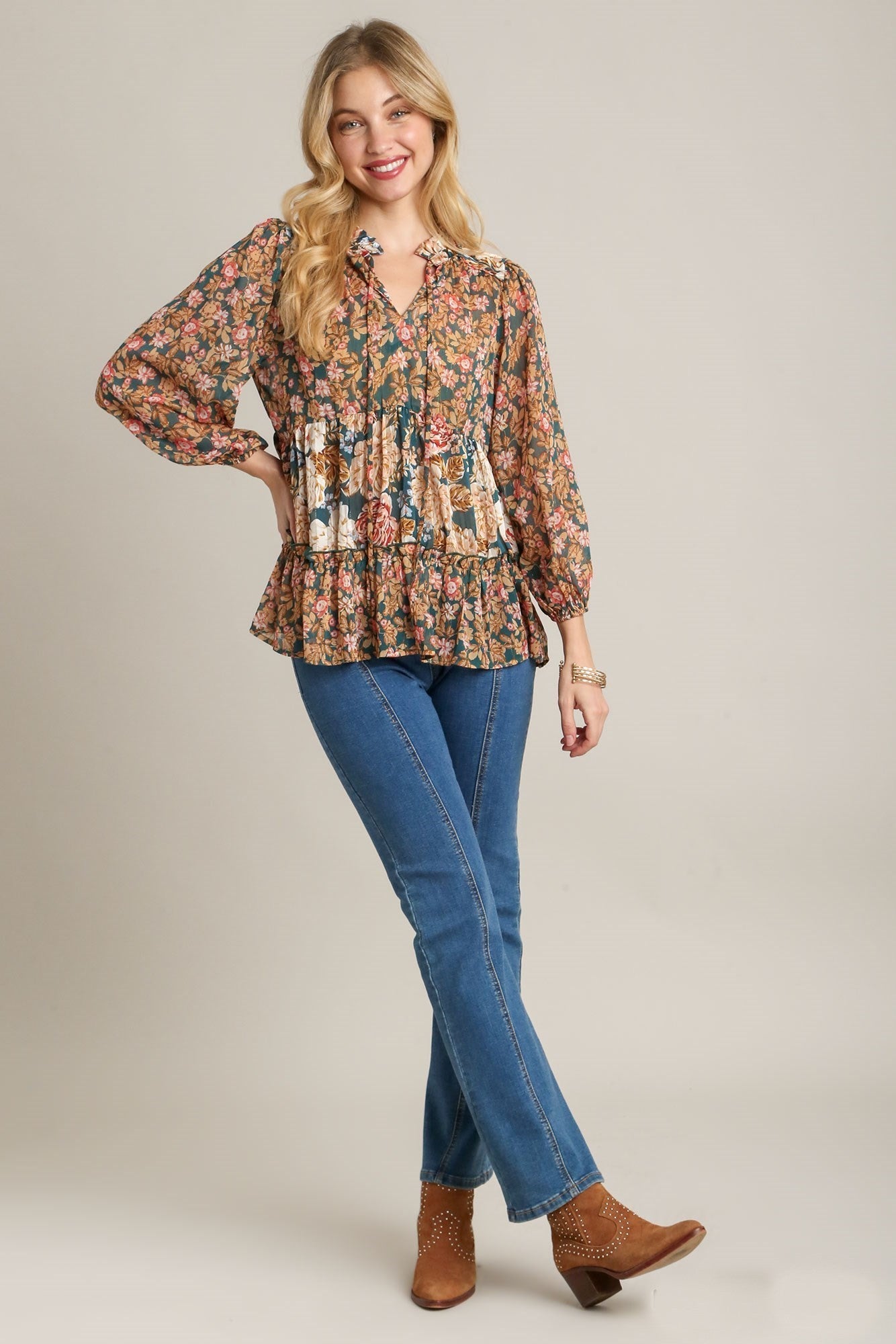 Umgee A-Line Mixed Floral Print Top in Hunter Green – June Adel