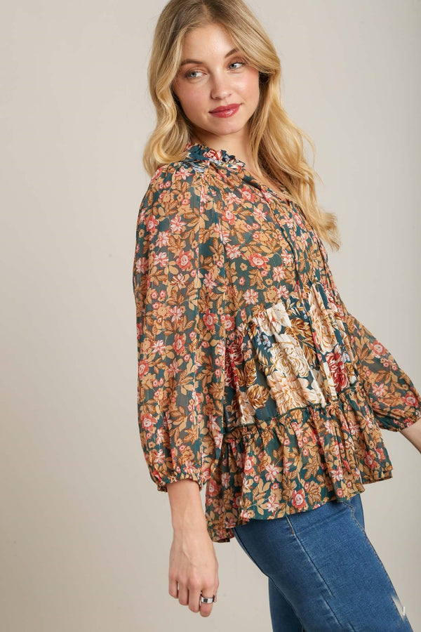 Umgee A-Line Mixed Floral Print Top in Hunter Green Shirts & Tops Umgee   