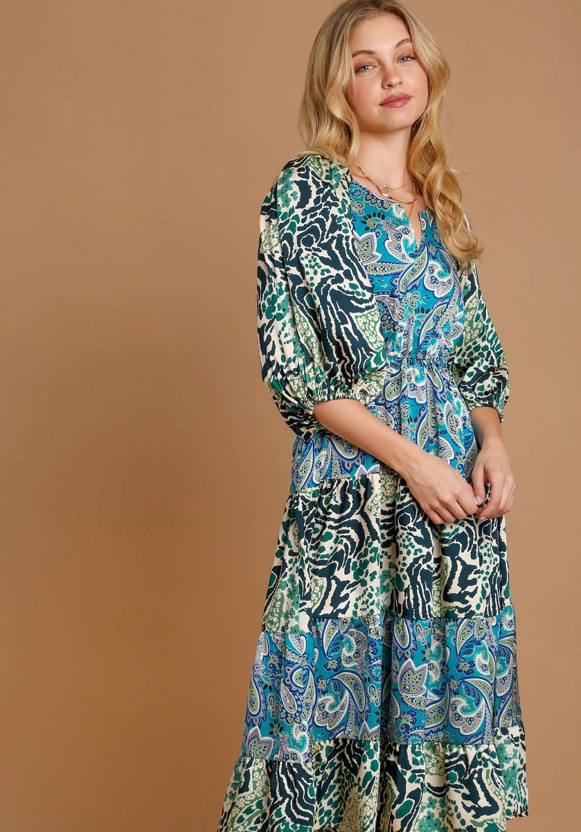 Umgee Mixed Print Tiered Dress in Green Mix – June Adel