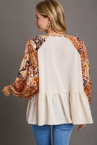 Umgee Solid Color Babydoll Top with Mixed Print Sleeves in Champagne Shirts & Tops Umgee   