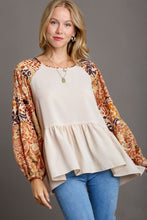 Load image into Gallery viewer, Umgee Solid Color Babydoll Top with Mixed Print Sleeves in Champagne Shirts &amp; Tops Umgee   
