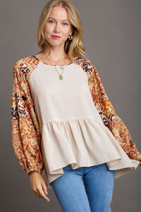 Umgee Solid Color Babydoll Top with Mixed Print Sleeves in Champagne Shirts & Tops Umgee   