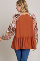 Umgee Solid Color Babydoll Top with Mixed Print Sleeves in Rust Shirts & Tops Umgee   