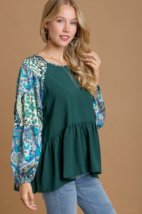 Umgee Solid Color Babydoll Top with Mixed Print Sleeves in Hunter Green Shirts & Tops Umgee   