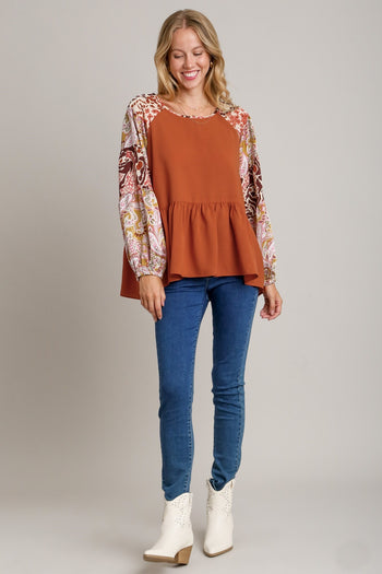 Umgee Solid Color Babydoll Top with Mixed Print Sleeves in Rust Shirts & Tops Umgee   