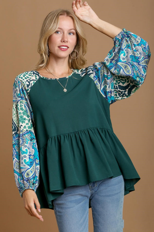 Umgee Solid Color Babydoll Top with Mixed Print Sleeves in Hunter Green Shirts & Tops Umgee   