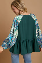Load image into Gallery viewer, Umgee Solid Color Babydoll Top with Mixed Print Sleeves in Hunter Green Shirts &amp; Tops Umgee   
