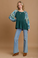 Umgee Solid Color Babydoll Top with Mixed Print Sleeves in Hunter Green Shirts & Tops Umgee   