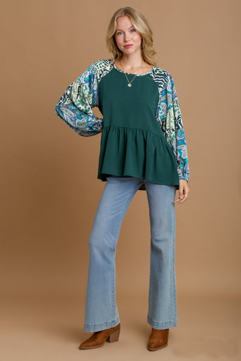 Umgee Solid Color Babydoll Top with Mixed Print Sleeves in Hunter Green Shirts & Tops Umgee   